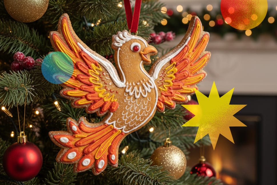 Colorful gingerbread phoenix bird (mojo hunters' mascot) hanging in christmas tree